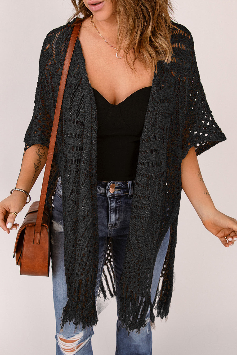 Fringe Hem Slit Open Front Cardigan-Angel Casuals