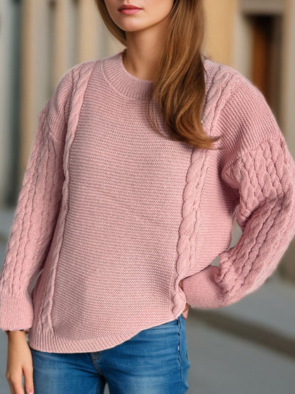 Cable-Knit Round Neck Long Sleeve Sweater-Angel Casuals