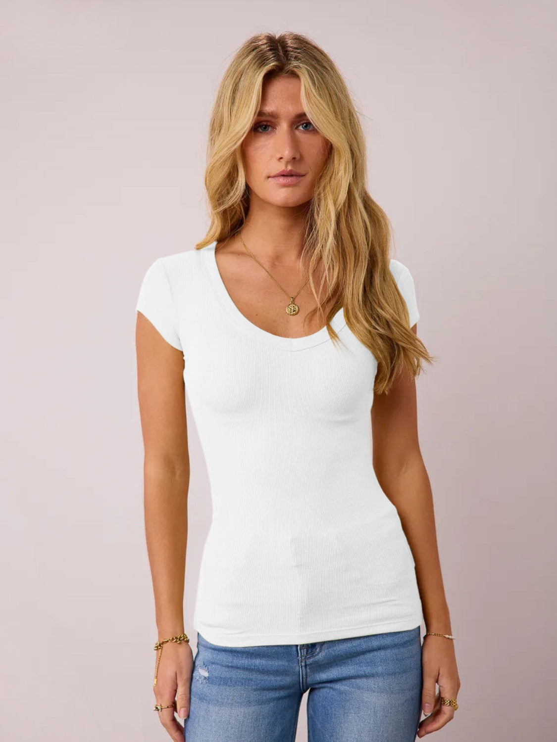 Scoop Neck Cap Sleeve T-Shirt-Angel Casuals