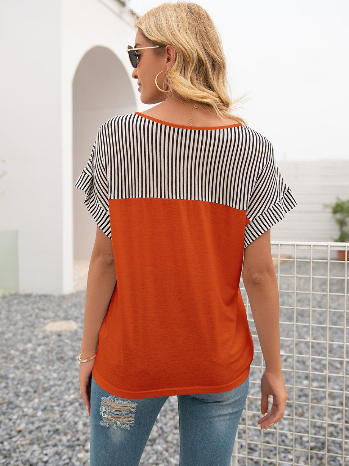 Striped V-Neck Short Sleeve T-Shirt-Angel Casuals