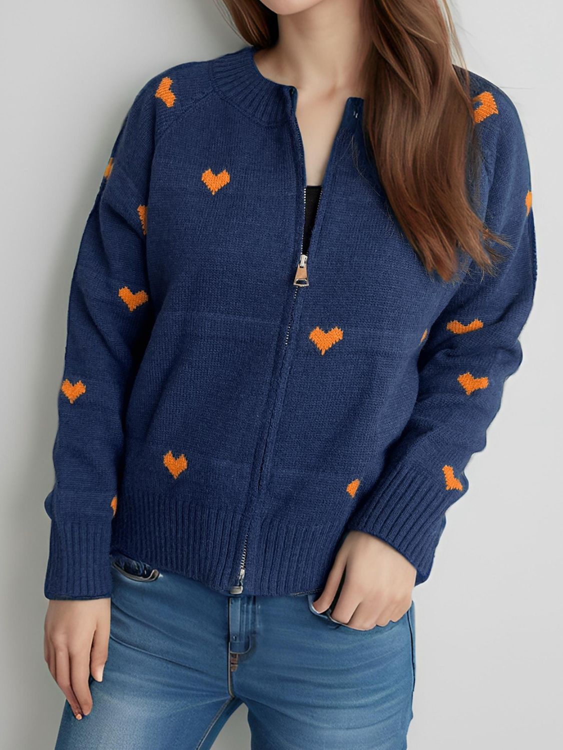 Heart Round Neck Zip Up Cardigan-Angel Casuals