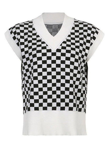 Full Size Checkered V-Neck Cap Sleeve Sweater-Angel Casuals