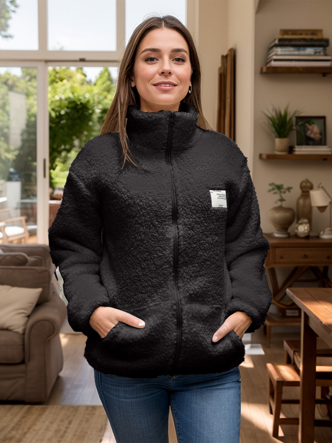 Full Size Turtleneck Zip Up Long Sleeve Sherpa Jacket-Angel Casuals