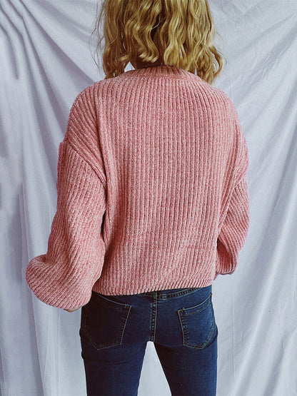 Round Neck Dropped Shoulder Long Sleeve Sweater-Angel Casuals