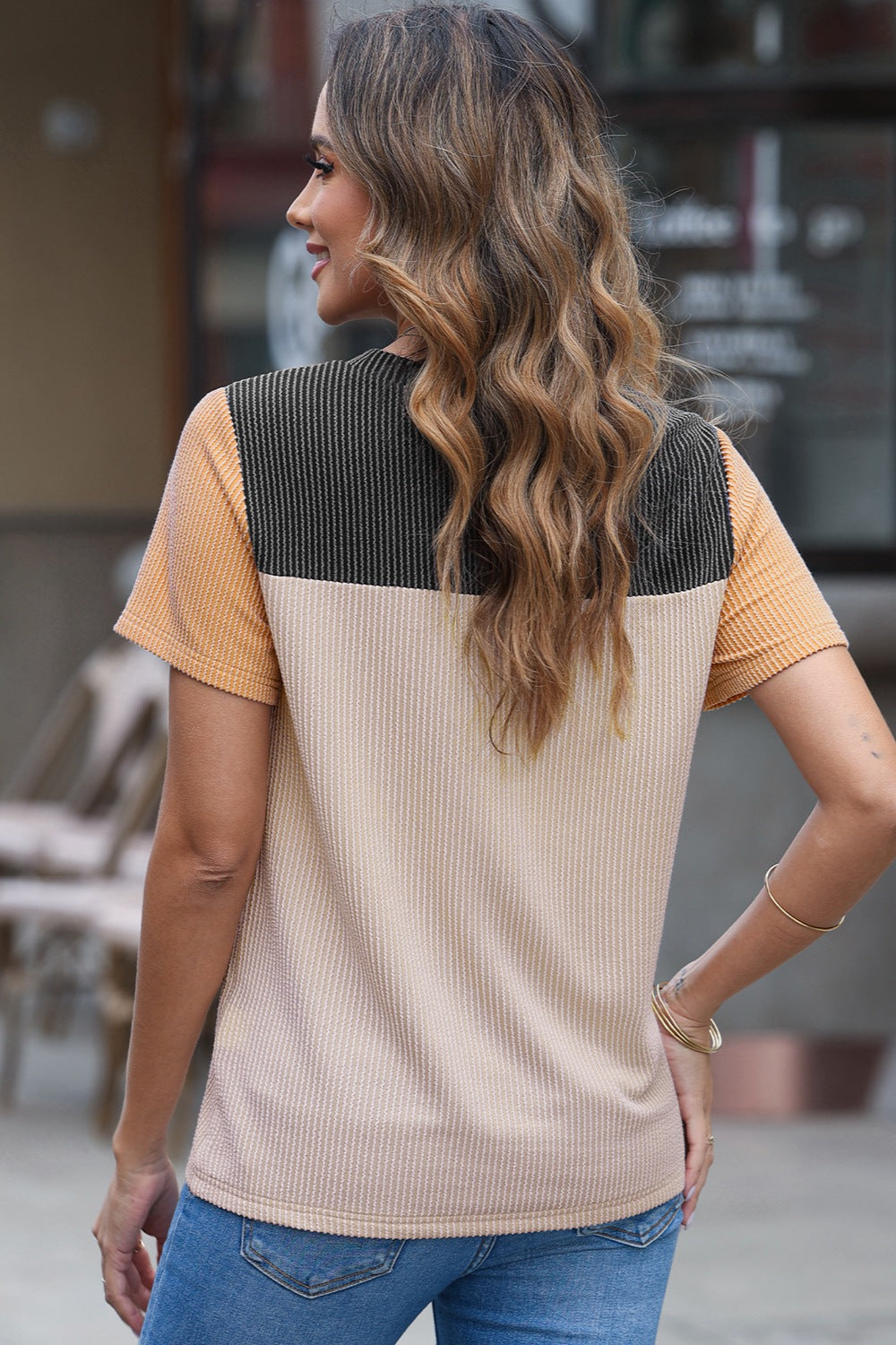 Color Block Round Neck Short Sleeve T-Shirt-Angel Casuals