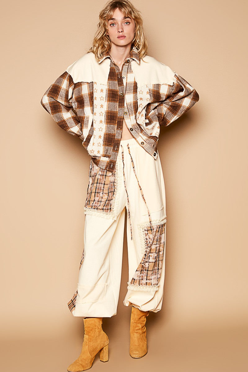 POL Plaid & Star Patchwork Contrast Long Sleeve Shacket-Angel Casuals