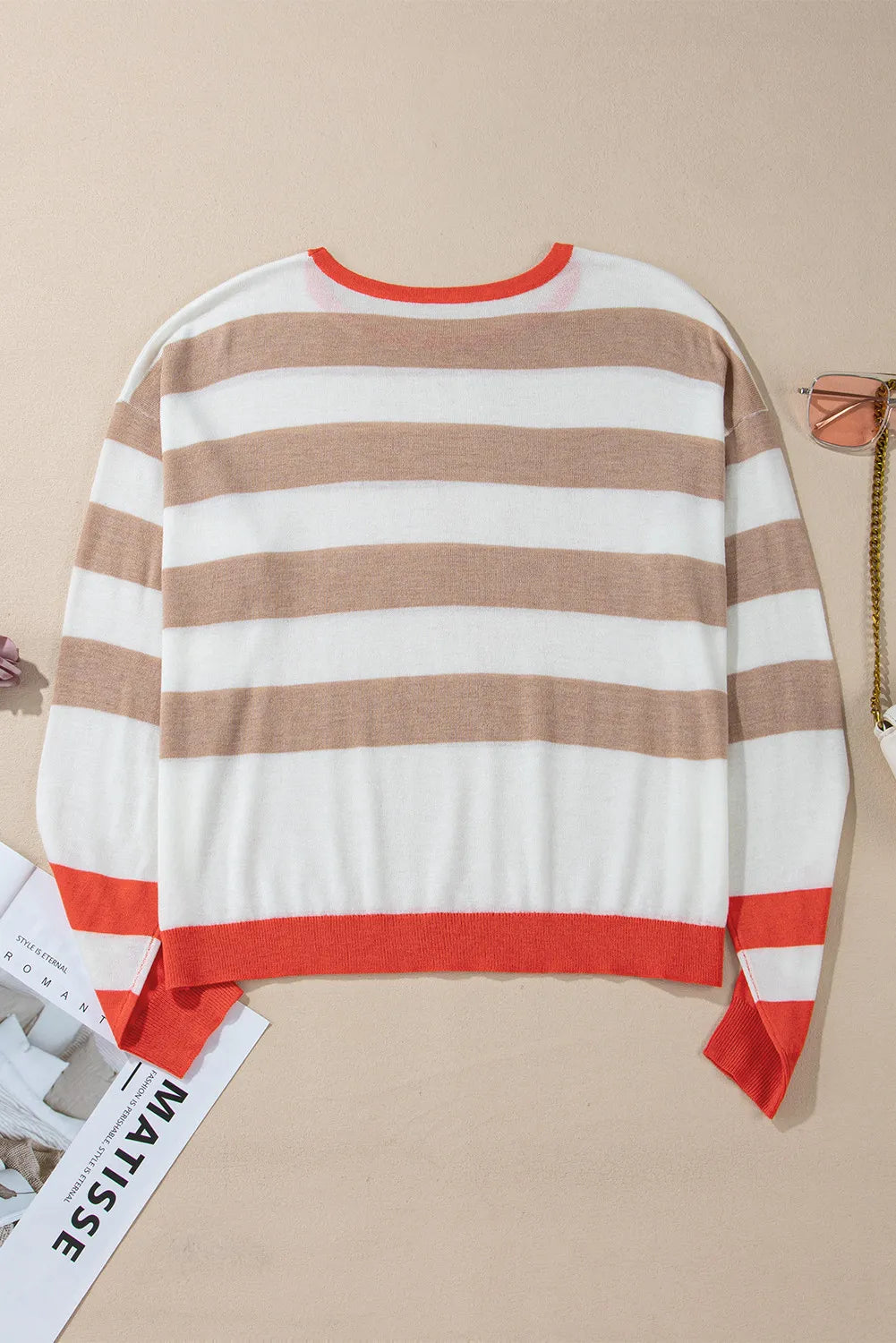 Contrast Striped Round Neck Long Sleeve Knit Top-Angel Casuals