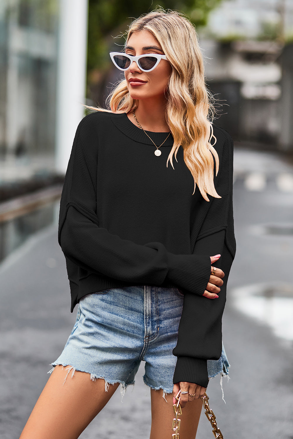 Round Neck Drop Shoulder Long Sleeve Sweater-Angel Casuals