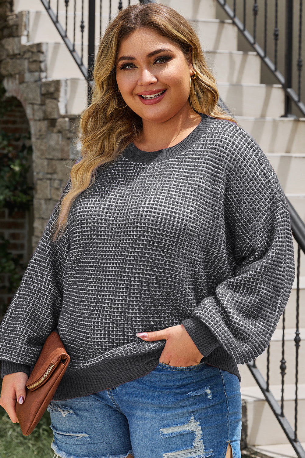 Plus Size Waffle-Knit Round Neck Dropped Shoulder Sweater-Angel Casuals