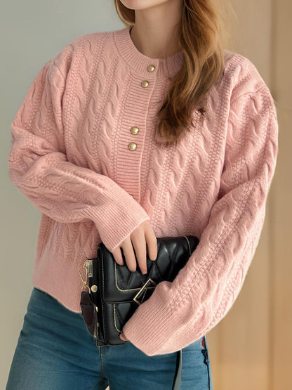 Cable-Knit Round Neck Long Sleeve Cardigan-Angel Casuals