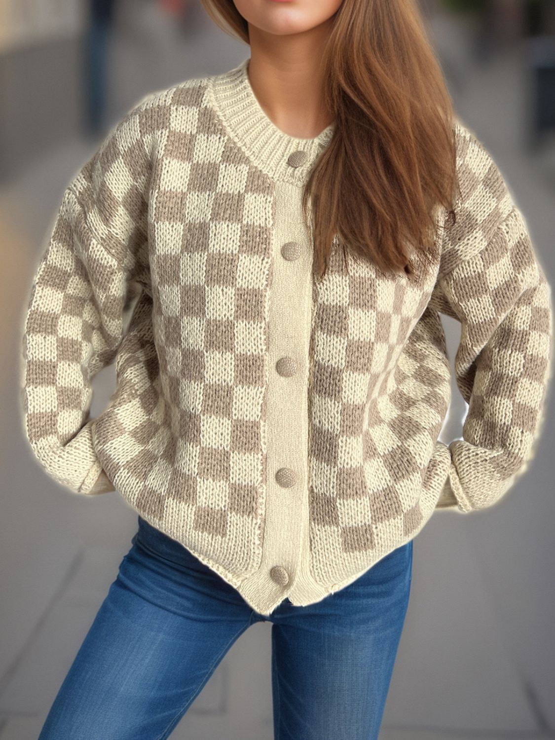 Checkered Button Up Round Neck Cardigan-Angel Casuals