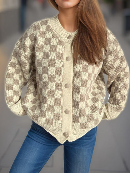 Checkered Button Up Round Neck Cardigan-Angel Casuals