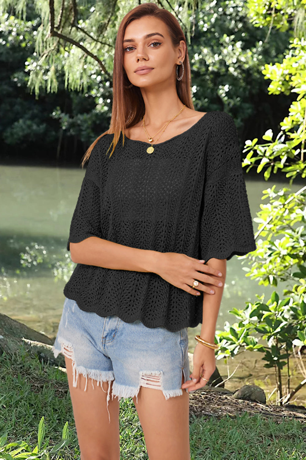 Openwork Round Neck Half Sleeve Knit Top-Angel Casuals