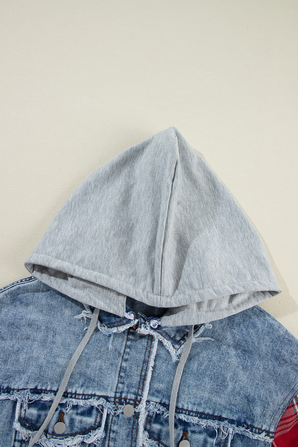 Raw Hem Drawstring Plaid Denim Jacket-Angel Casuals