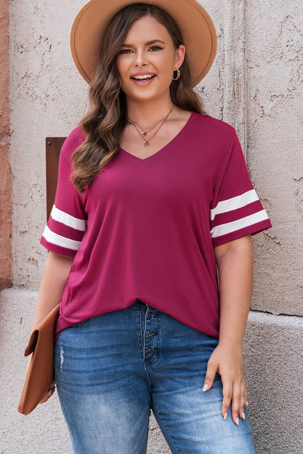 Plus Size Striped V-Neck Tee Shirt-Angel Casuals