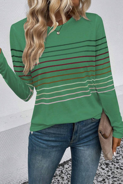 Striped Round Neck Long Sleeve T-Shirt-Angel Casuals