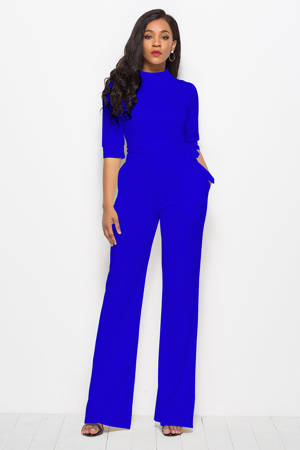 Mock Neck Tie-Waist Half Sleeve Jumpsuit-Angel Casuals