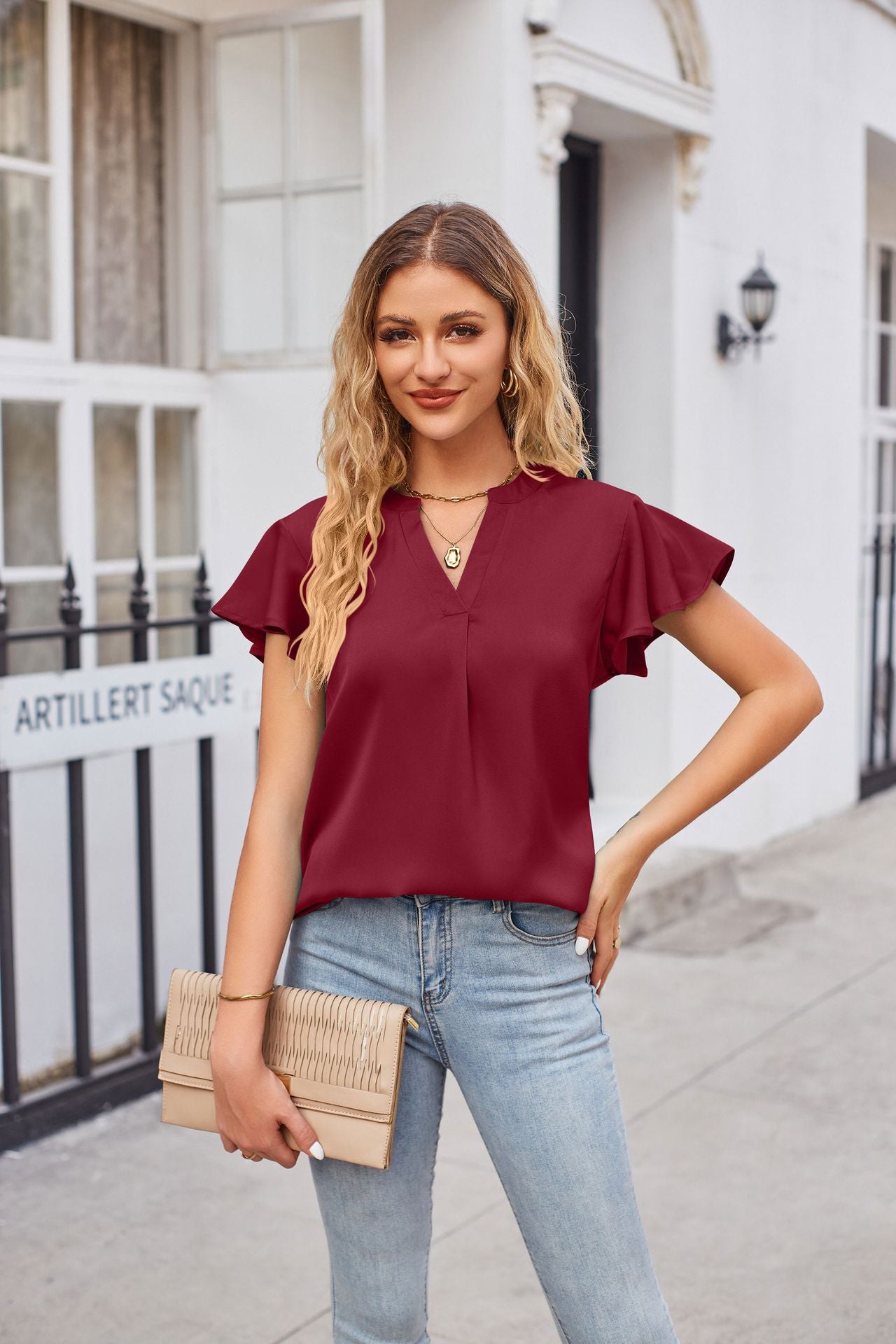 Notched Neck Flutter Sleeve Satin Top-Angel Casuals