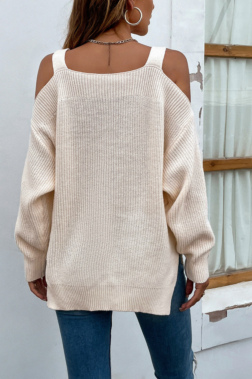 Ribbed Cold Shoulder Long Sleeve Knit Top-Angel Casuals