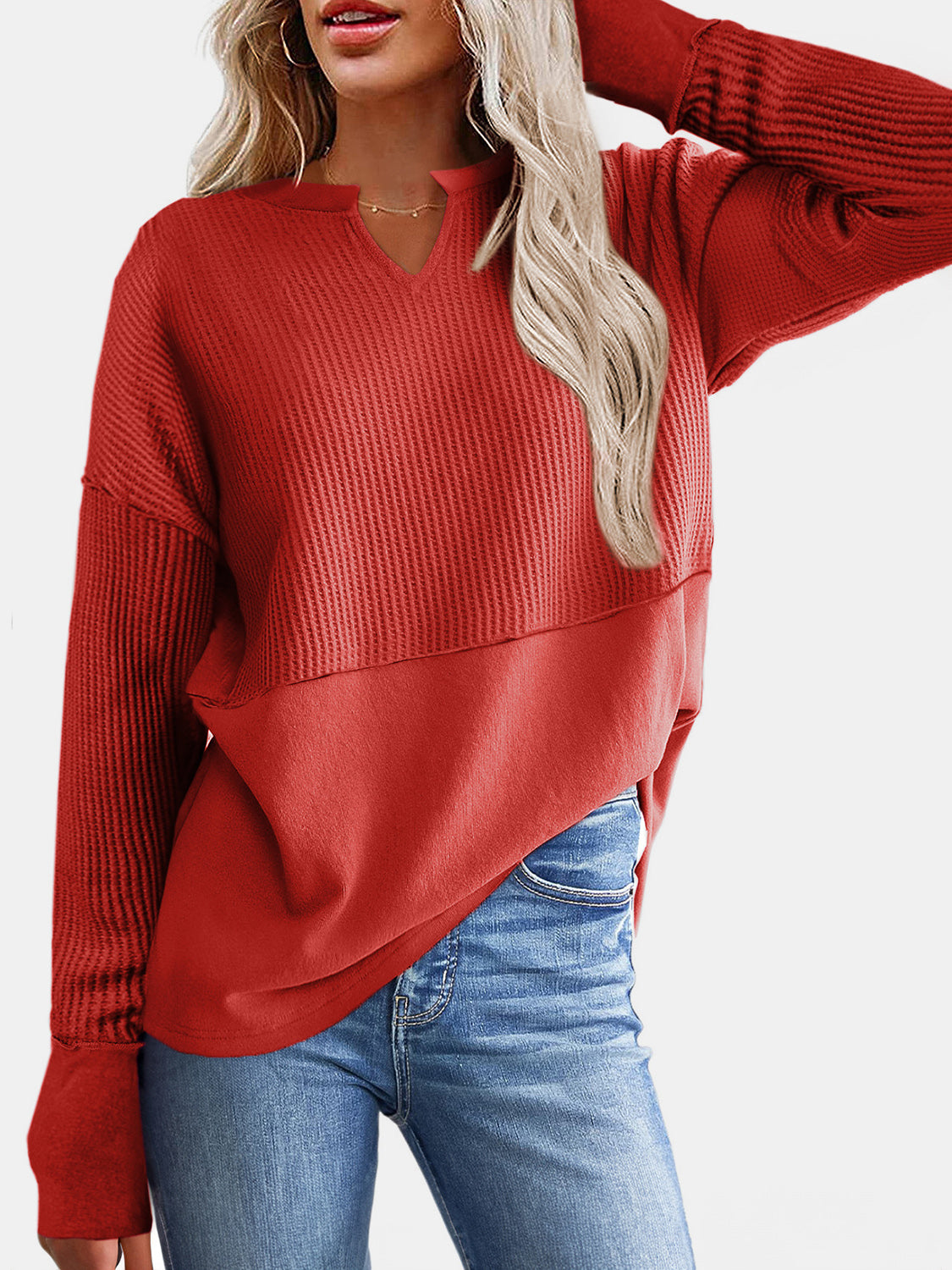 Waffle-Knit Notched Long Sleeve T-Shirt-Angel Casuals