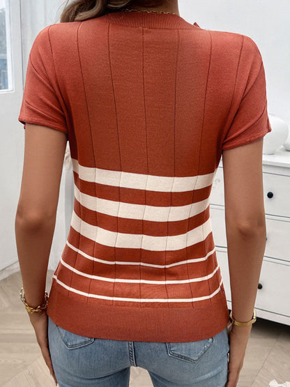 Devine Striped Round Neck Short Sleeve Knit Top-Angel Casuals