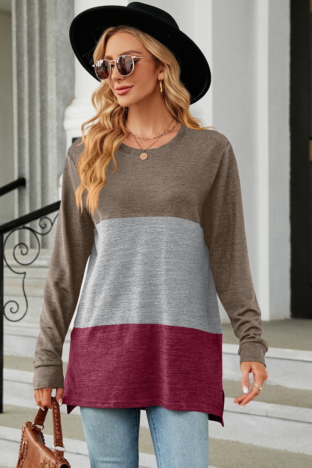 Color Block Round Neck Long Sleeve T-Shirt-Angel Casuals