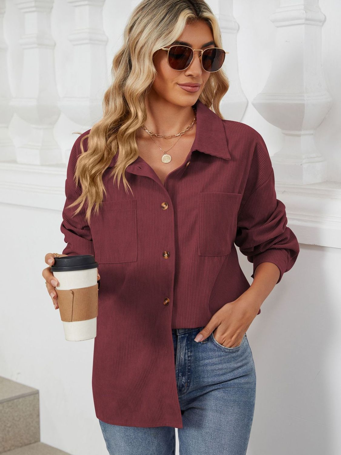 Button Up Dropped Shoulder Long Sleeve Outerwear-Angel Casuals