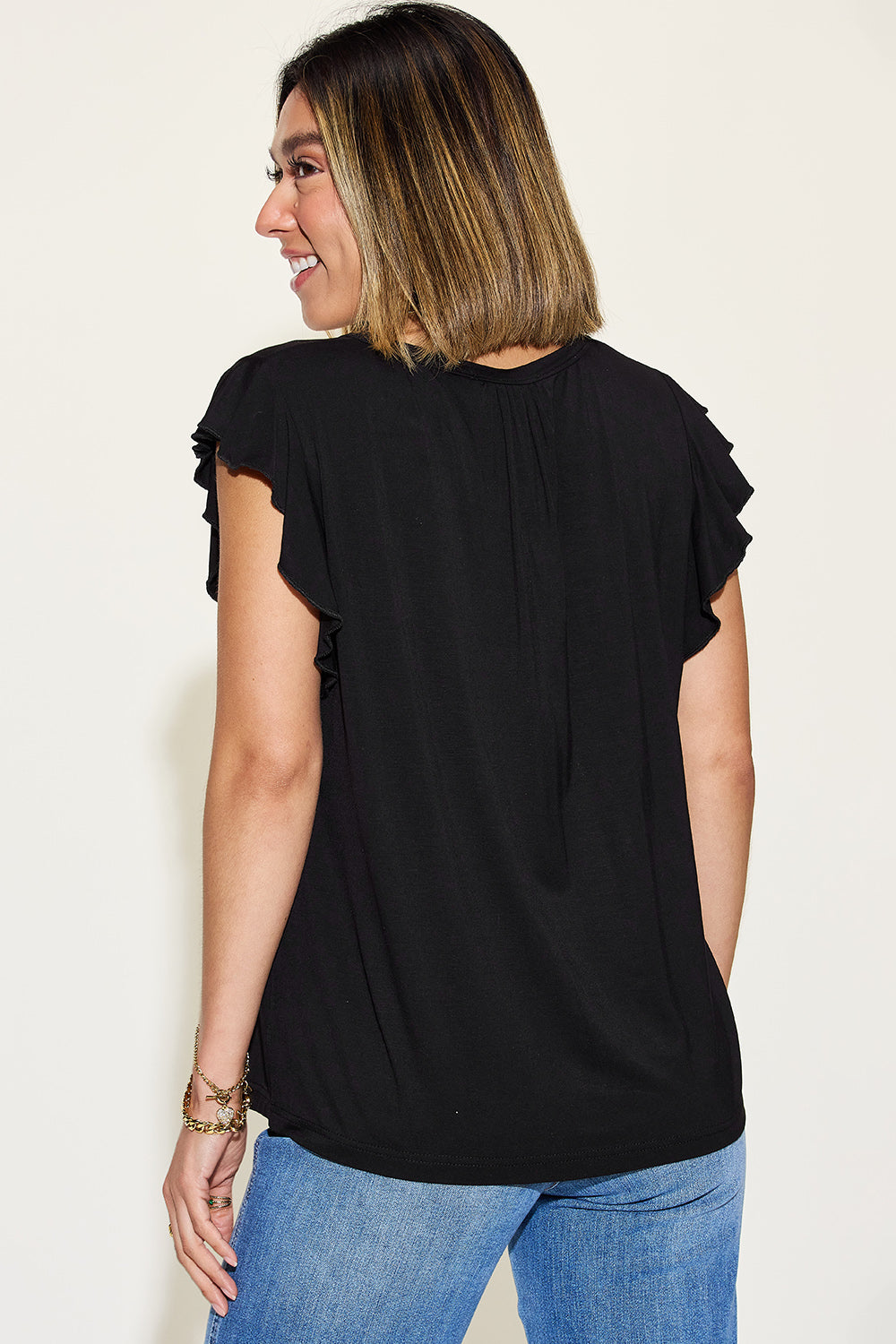 Basic Bae Full Size Bamboo Notched Ruffled Short Sleeve T-Shirt-Angel Casuals