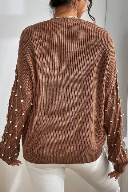 Pearl Detail Round Neck Long Sleeve Sweater-Angel Casuals