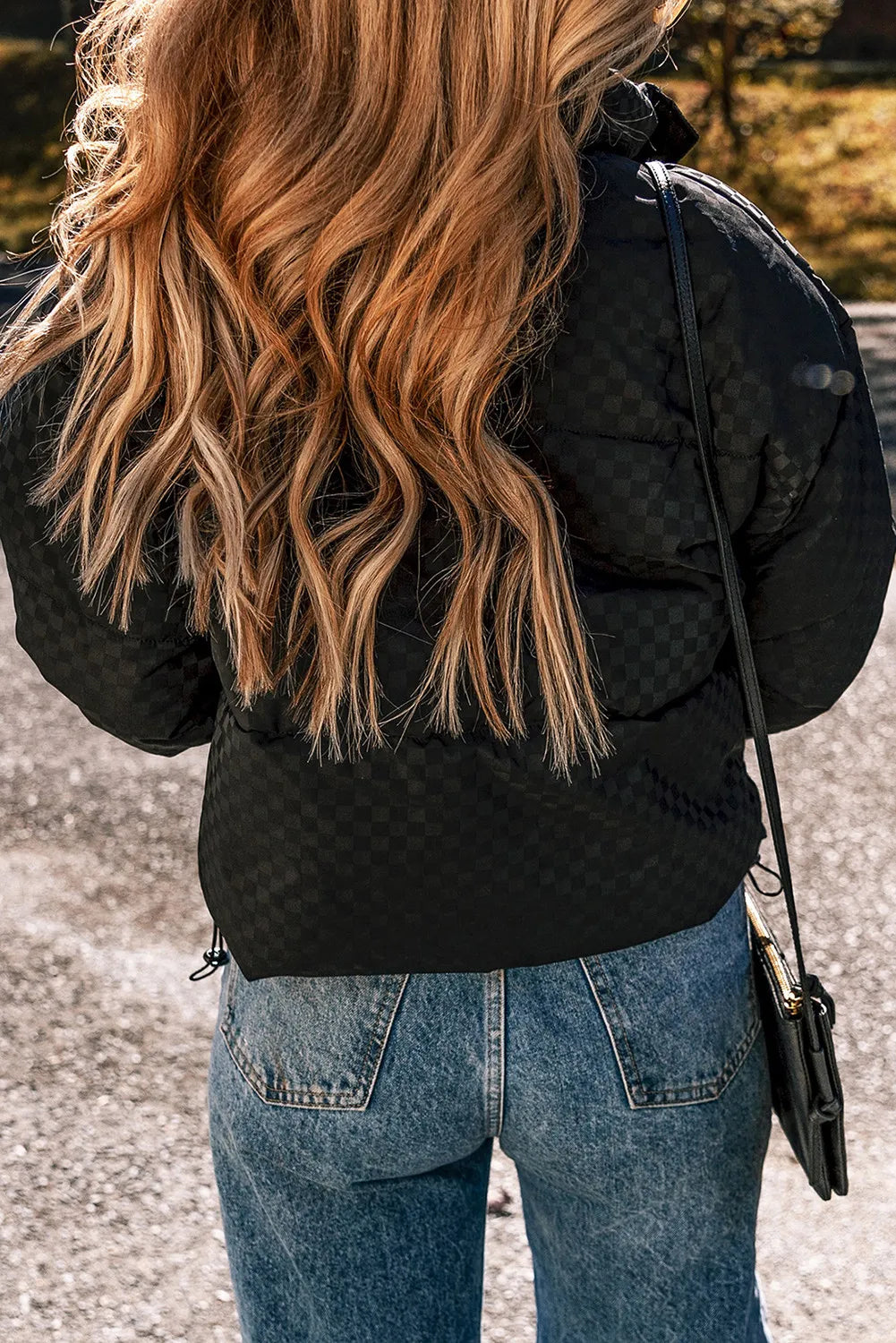 Checkered Turtleneck Zip Up Long Sleeve Winter Coat-Angel Casuals