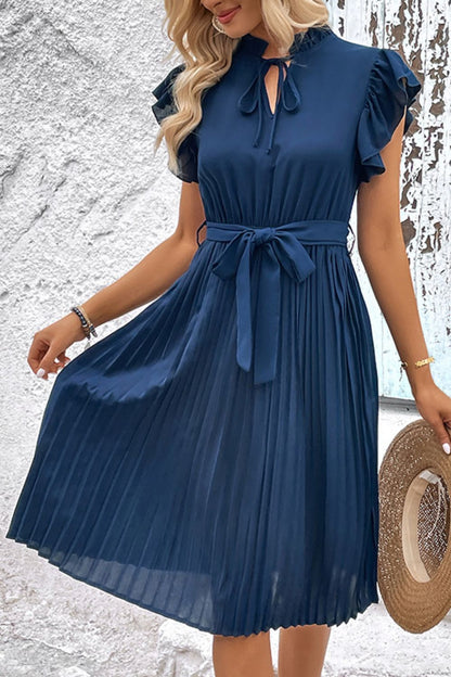 Tie Neck Belted Pleated Dress-Angel Casuals