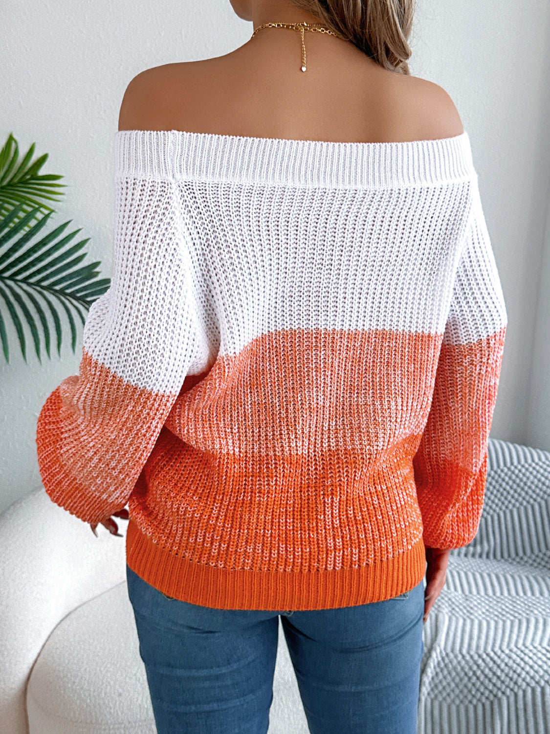 Color Block Off-Shoulder Long Sleeve Sweater-Angel Casuals