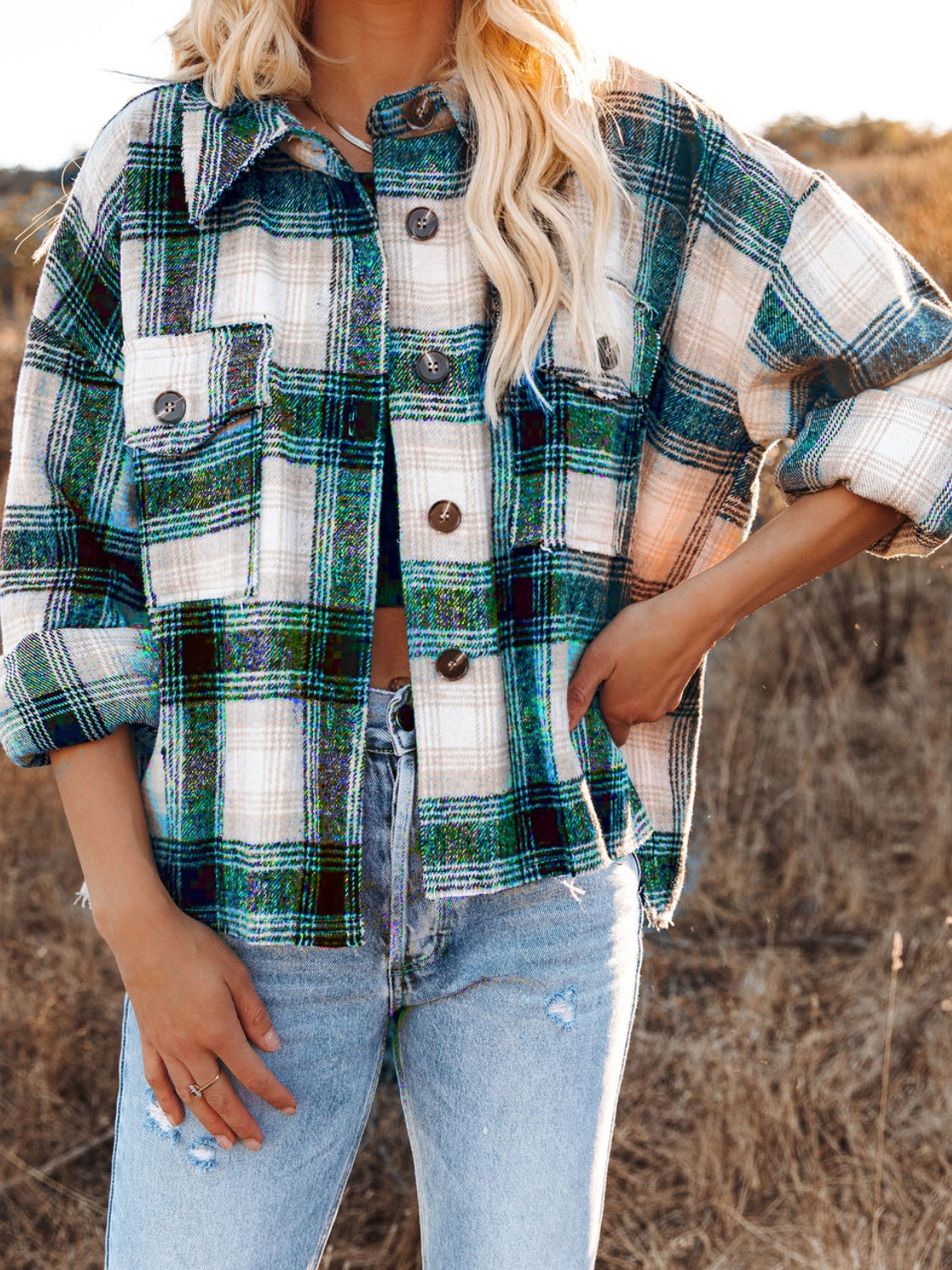 Pocketed Plaid Button Down Long Sleeve Shacket-Angel Casuals