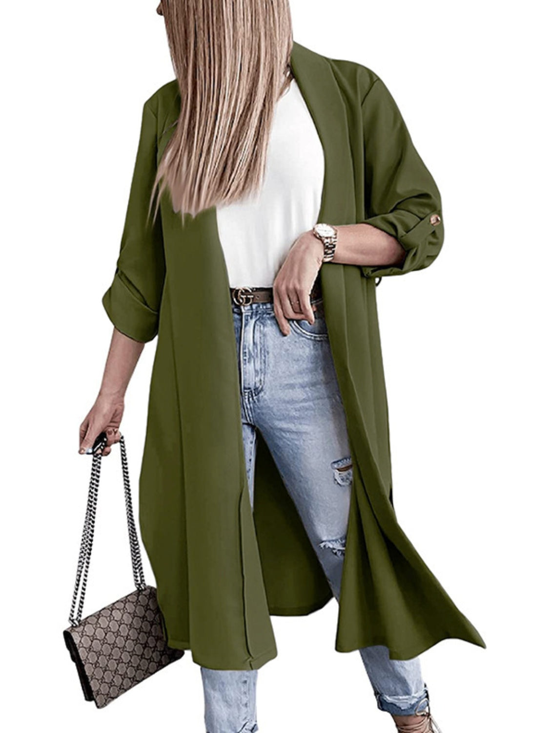 Slit Open Front Roll-Tab Sleeve Trench Coat-Angel Casuals