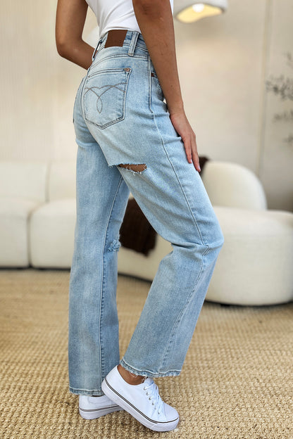 Judy Blue Full Size High Waist Distressed Straight Jeans-Angel Casuals