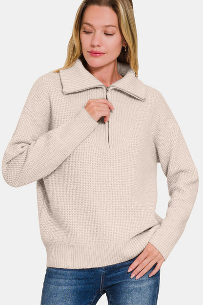 Zenana Half Zip Long Sleeve Sweater-Angel Casuals