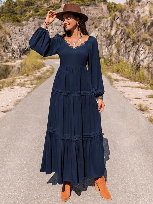 Long Sleeve Lace Trim Maxi Dress-Angel Casuals