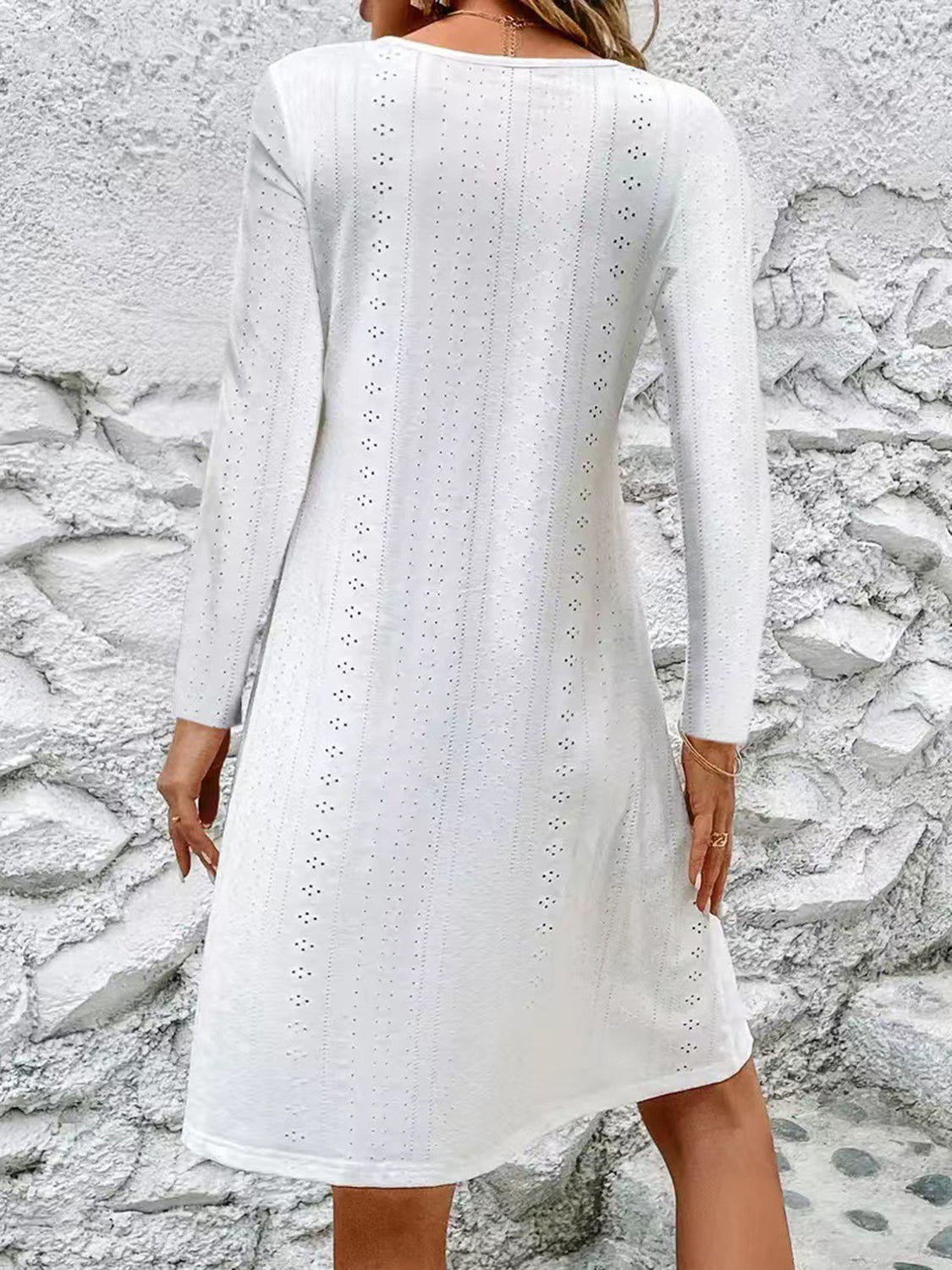 Eyelet V-Neck Long Sleeve Mini Dress-Angel Casuals