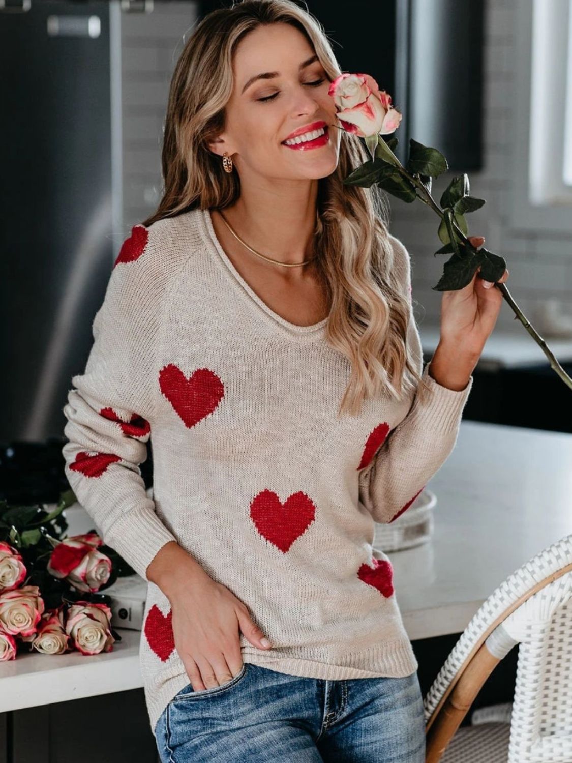 Heart Scoop Neck Long Sleeve Sweater-Angel Casuals