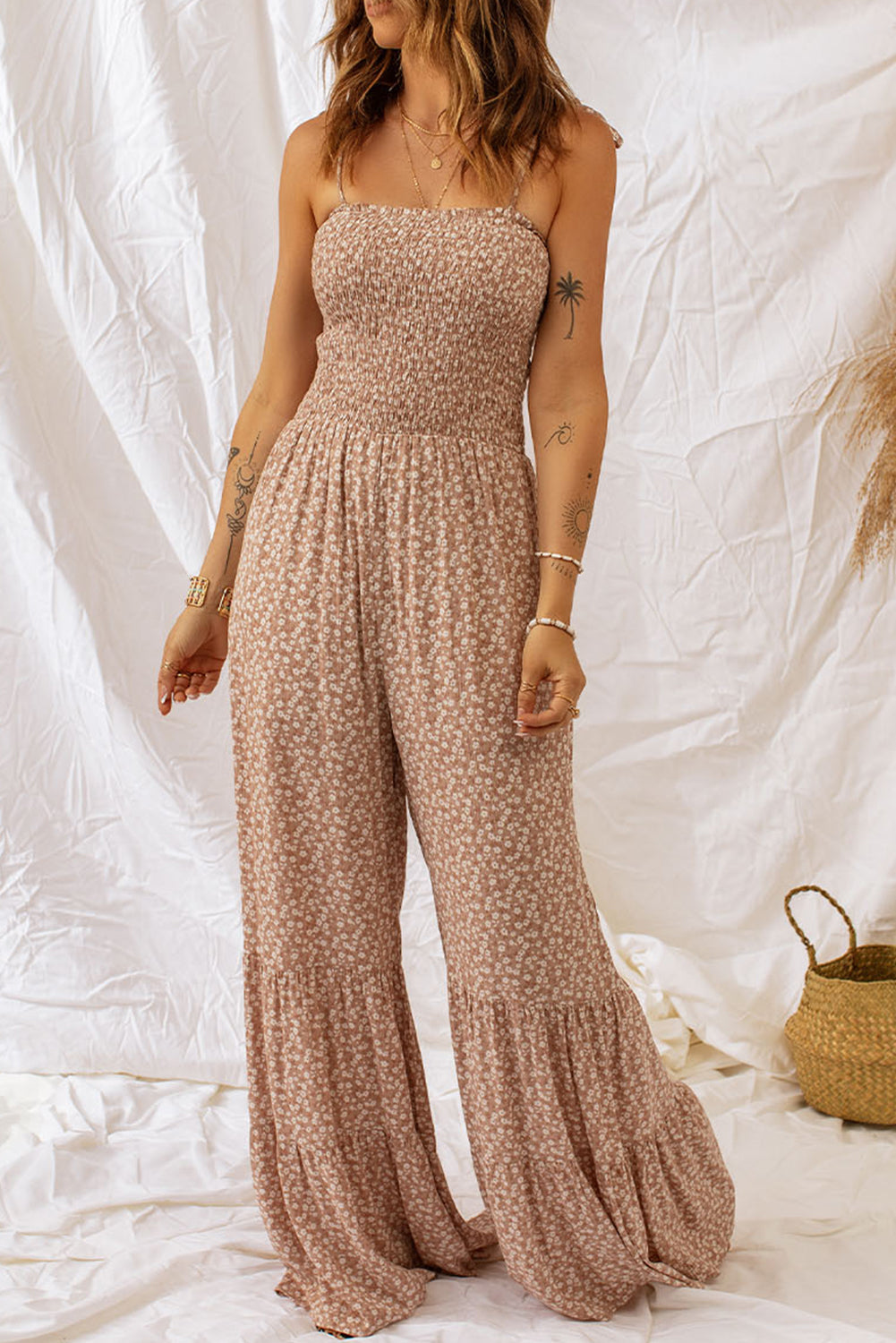 Floral Spaghetti Strap Smocked Wide Leg Jumpsuit-Angel Casuals