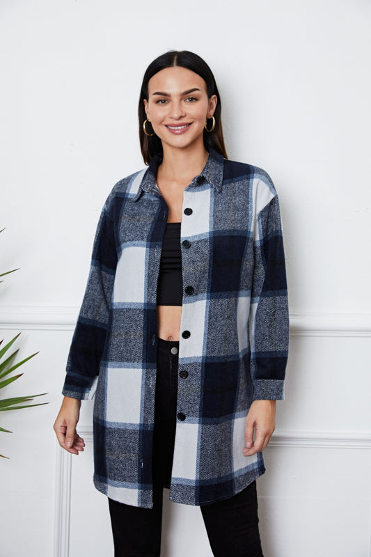Plaid Button Up Collared Neck Outerwear-Angel Casuals