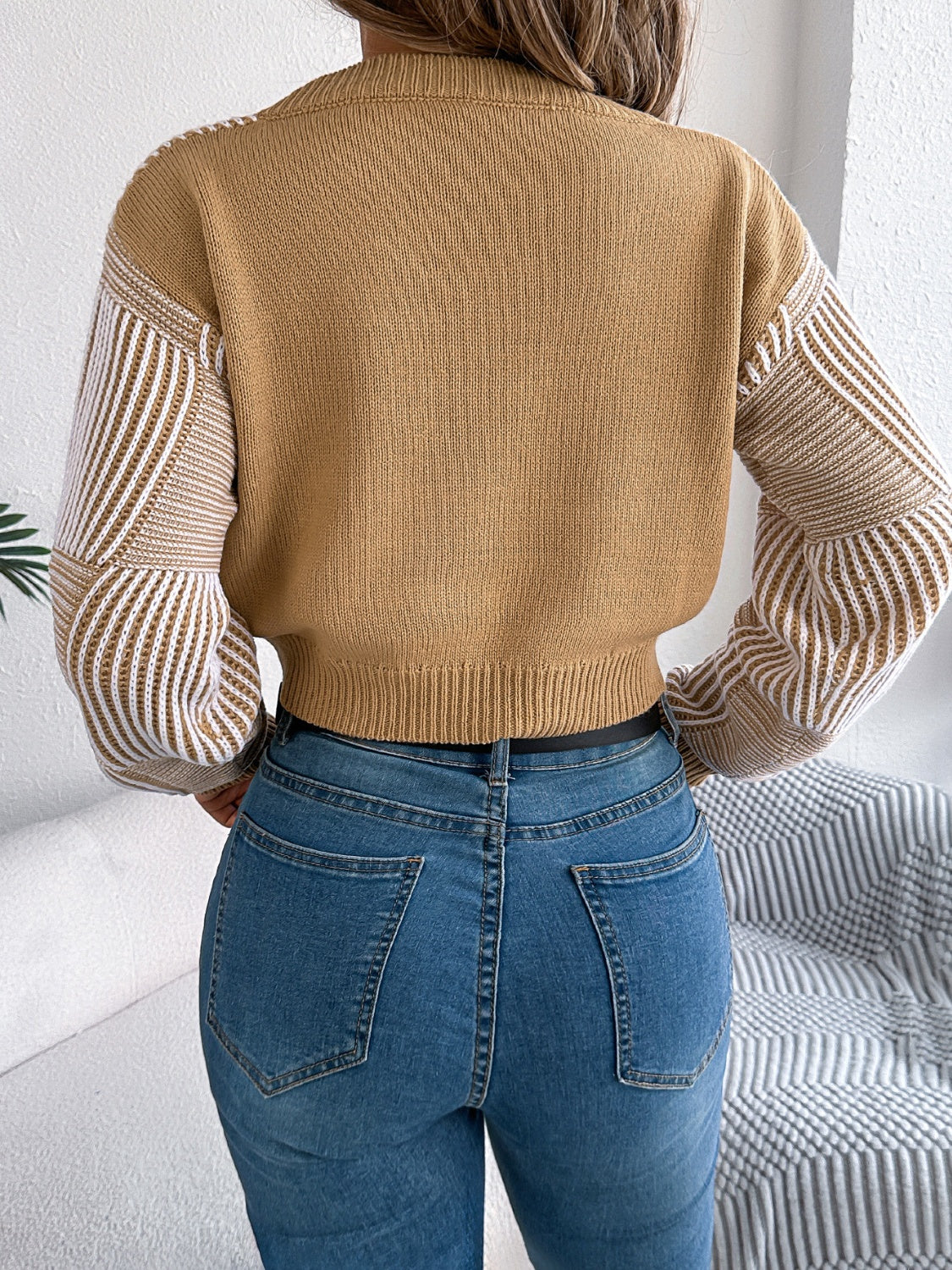 Striped V-Neck Long Sleeve Sweater-Angel Casuals