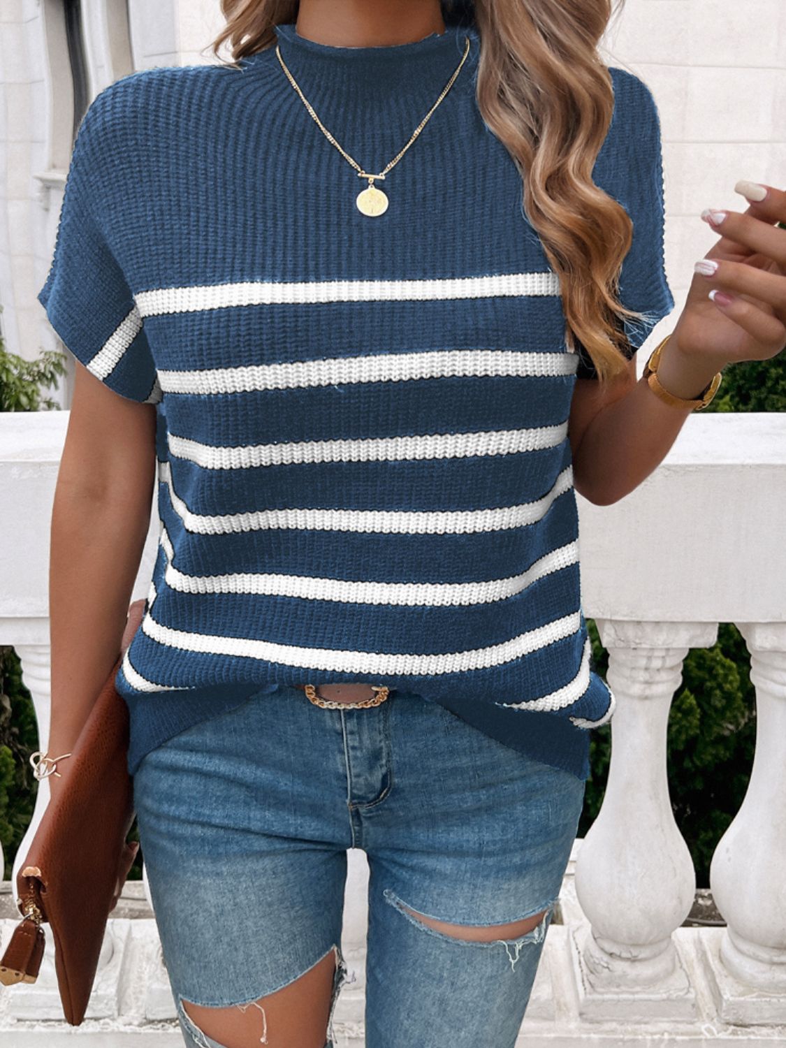 Devine Striped Mock Neck Short Sleeve Sweater-Angel Casuals