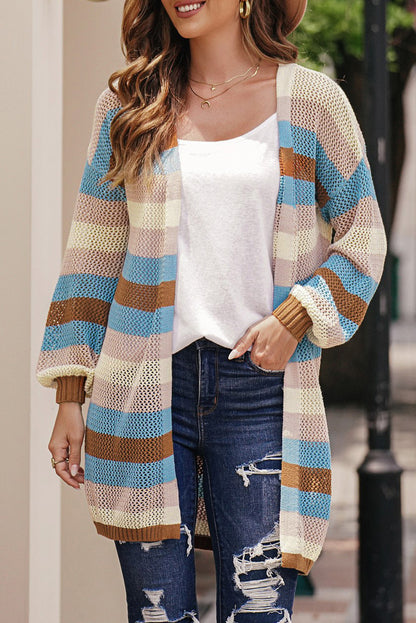 Full Size Striped Long Sleeve Openwork Cardigan-Angel Casuals