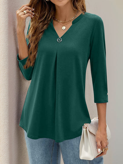 Notched Three-Quarter Sleeve T-Shirt-Angel Casuals
