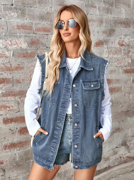 Raw Hem Sleeveless Button Up Denim Jacket-Angel Casuals