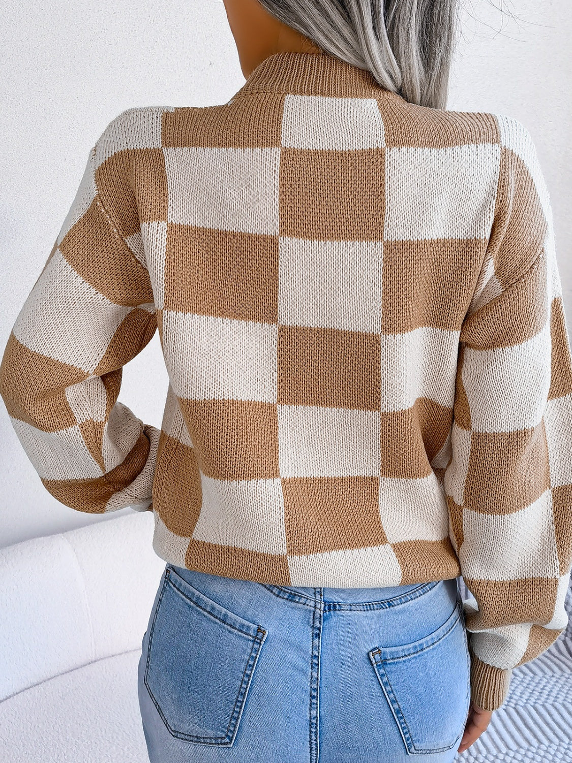 Checkered Mock Neck Long Sleeve Sweater-Angel Casuals