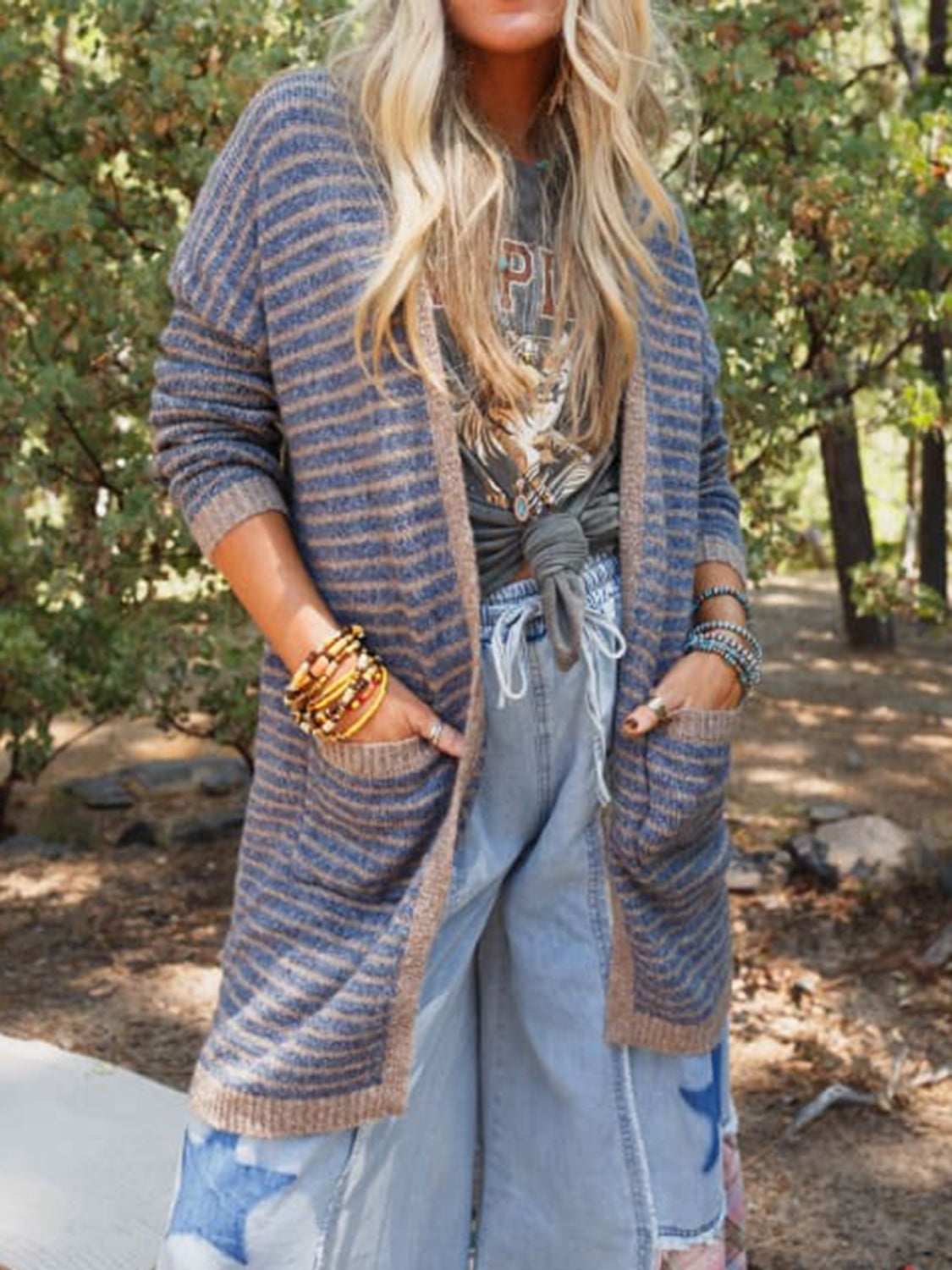 Open Front Long Sleeve Striped Cardigan-Angel Casuals
