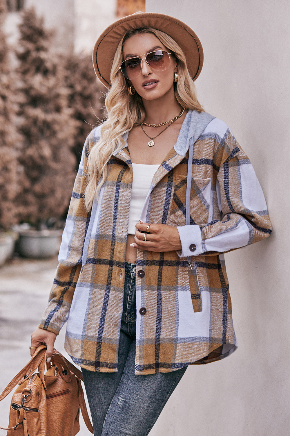 Mandy Plaid Dropped Shoulder Hooded Jacket-Angel Casuals