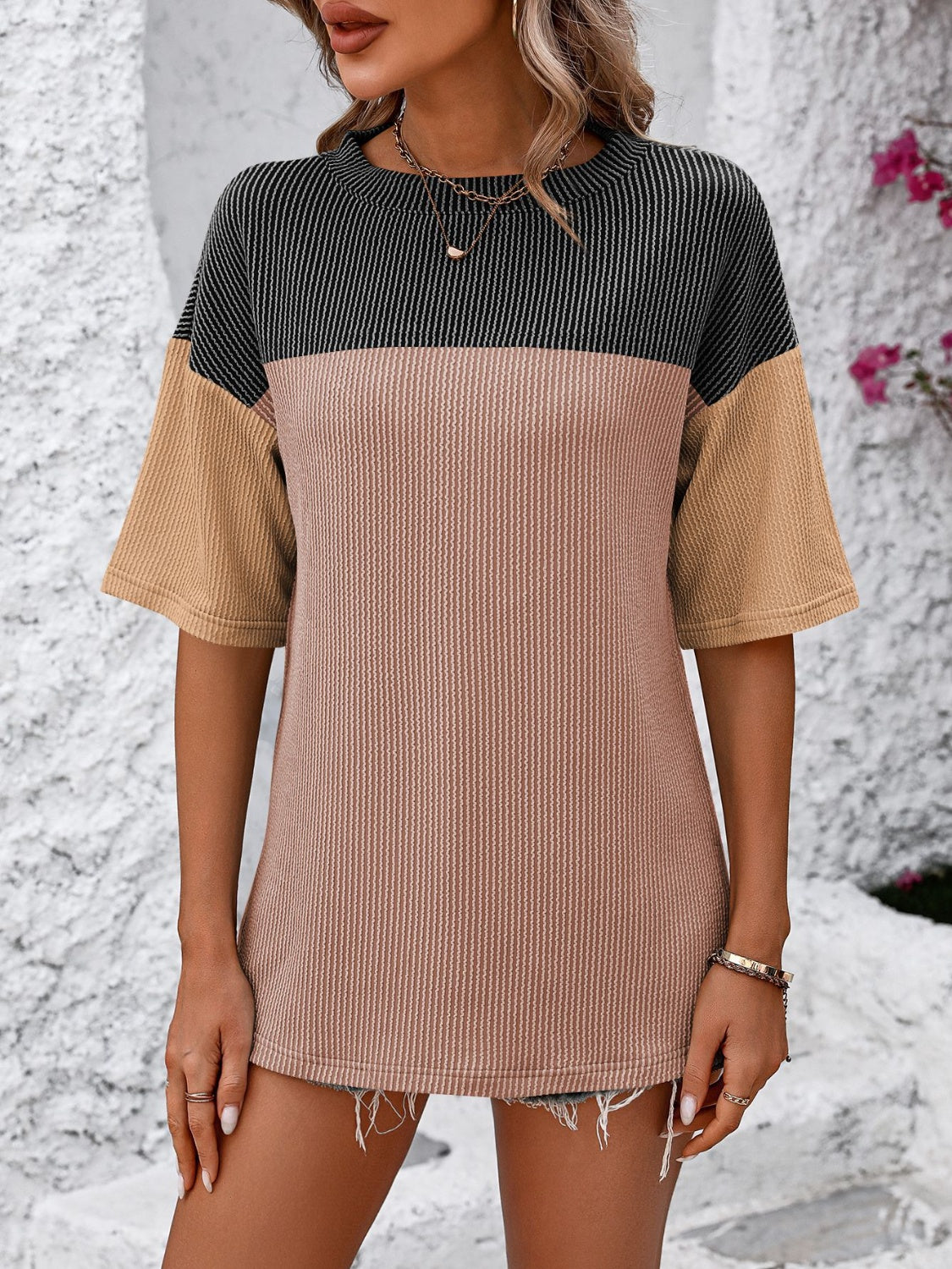 Color Block Round Neck Half Sleeve T-Shirt-Angel Casuals